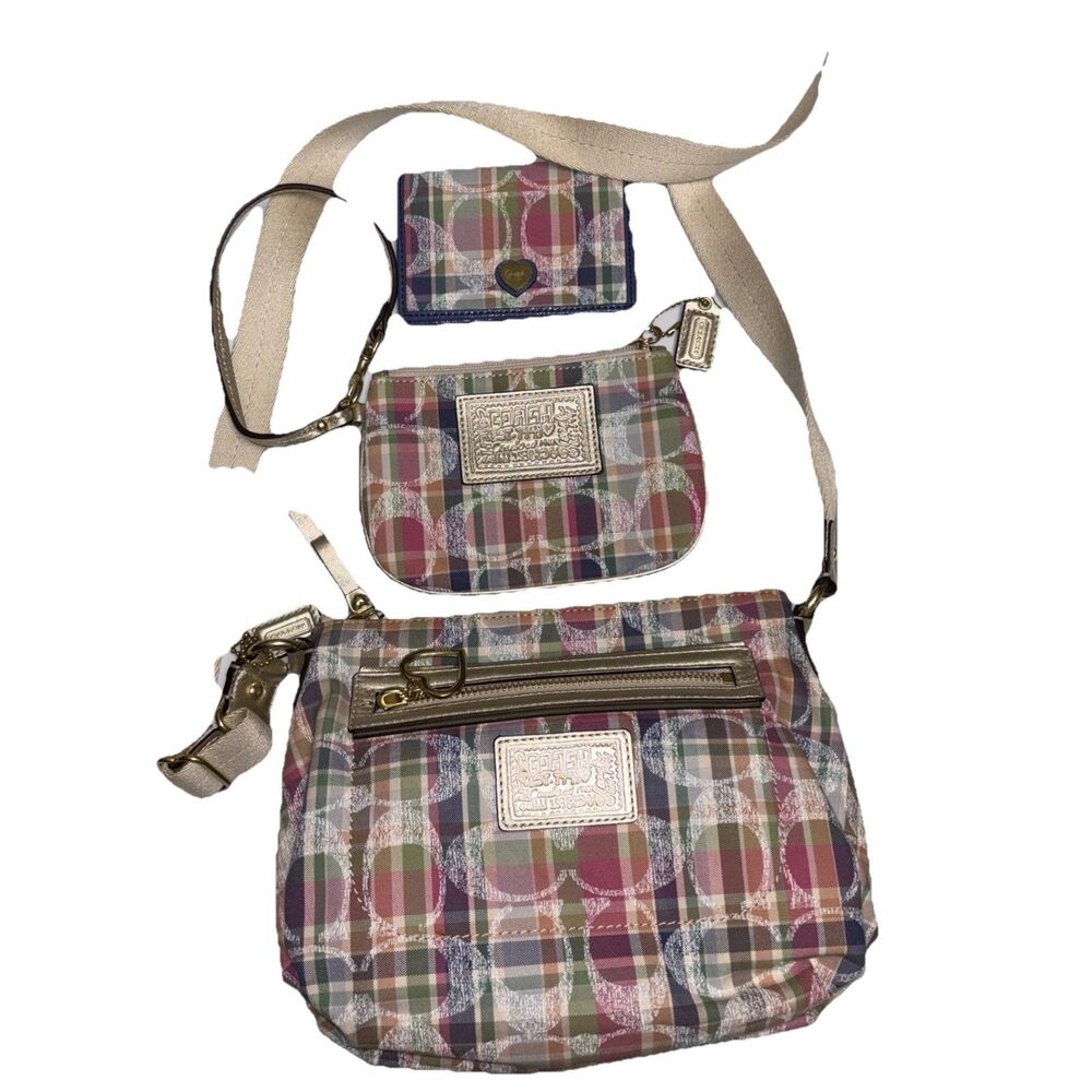 Coach Pink Tan Poppy Daisy Madras Signature Plaid Crossbody Bag Wristlet Wallet